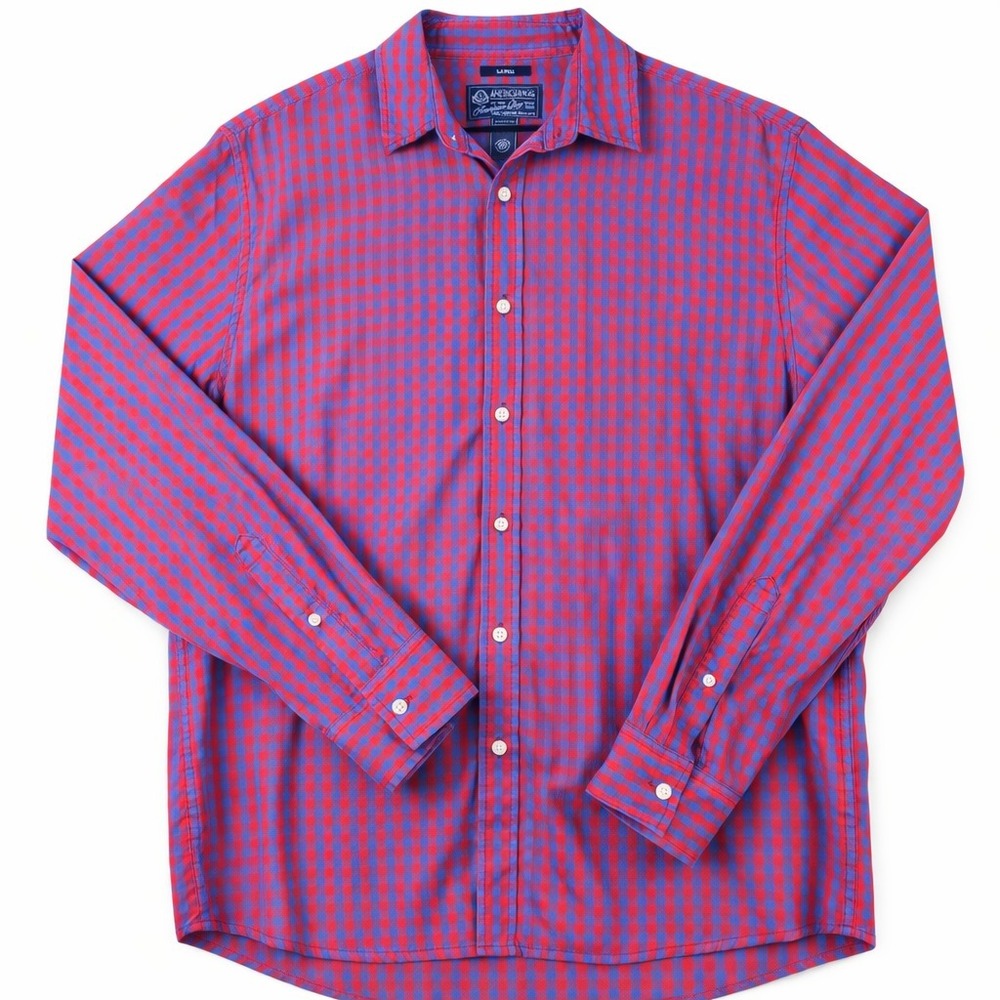 American Rag Shirt Mens Large Red Blue Check Button Front Long Sleeve Casual Cot